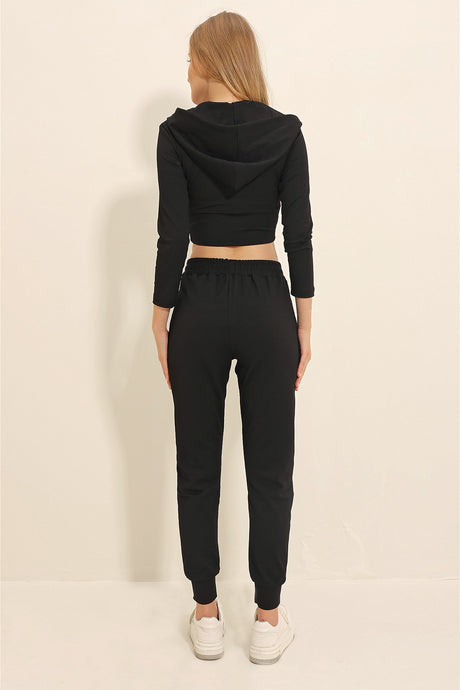 Women's Black Hooded Zipper Crop Top And Double Pockets Ribbed Tracksuit Suit Alc-x11428