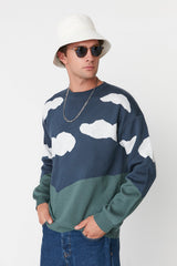 Indigo Mens Oversize Fit Crew Neck Landscape Patterned Knitwear Sweater Tmnaw23kz00040