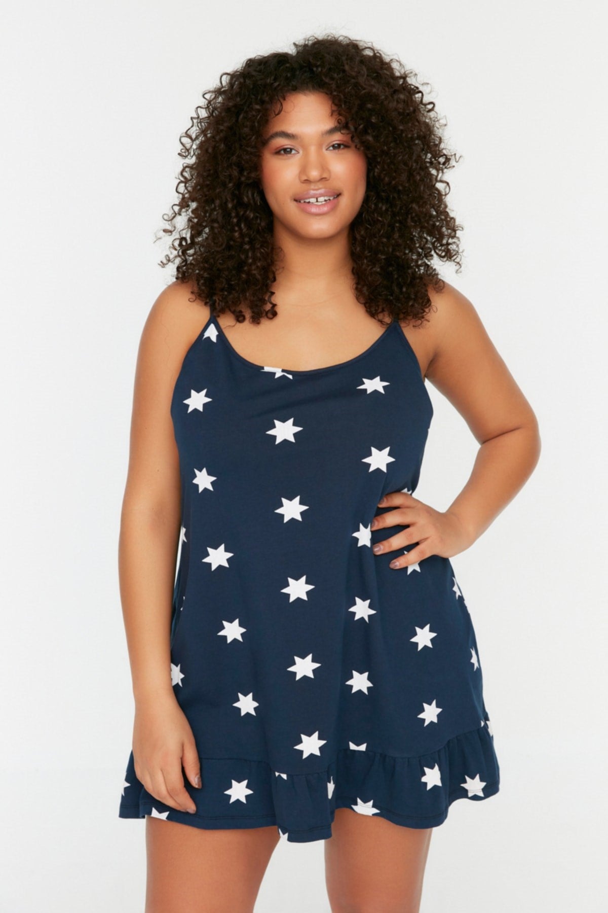 Navy Blue Strappy Printed Knitted Nightgown Tbbss22gc0049