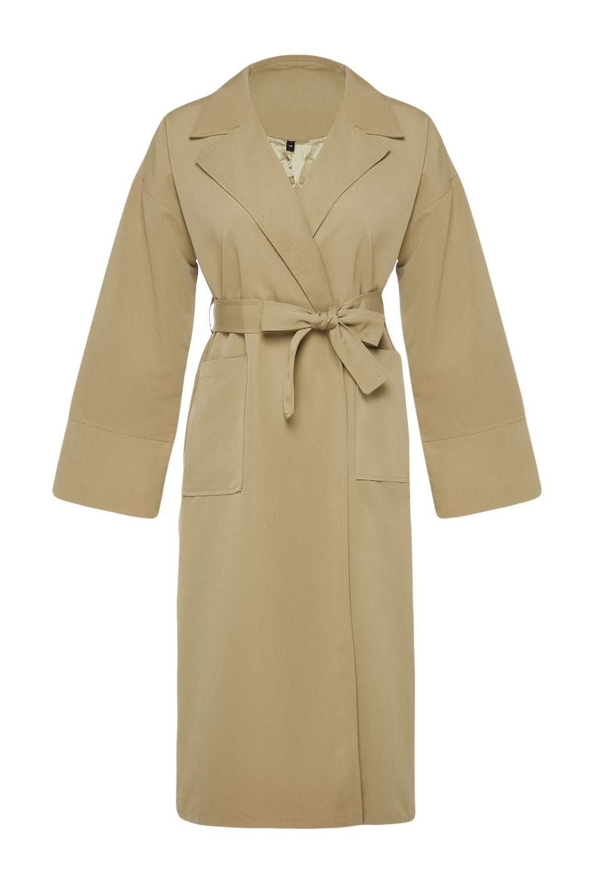 Beige Oversize Wide Cut Belted Sleeve Detailed Pockets Water Repellent Long Trench Coat Twoaw24tr000