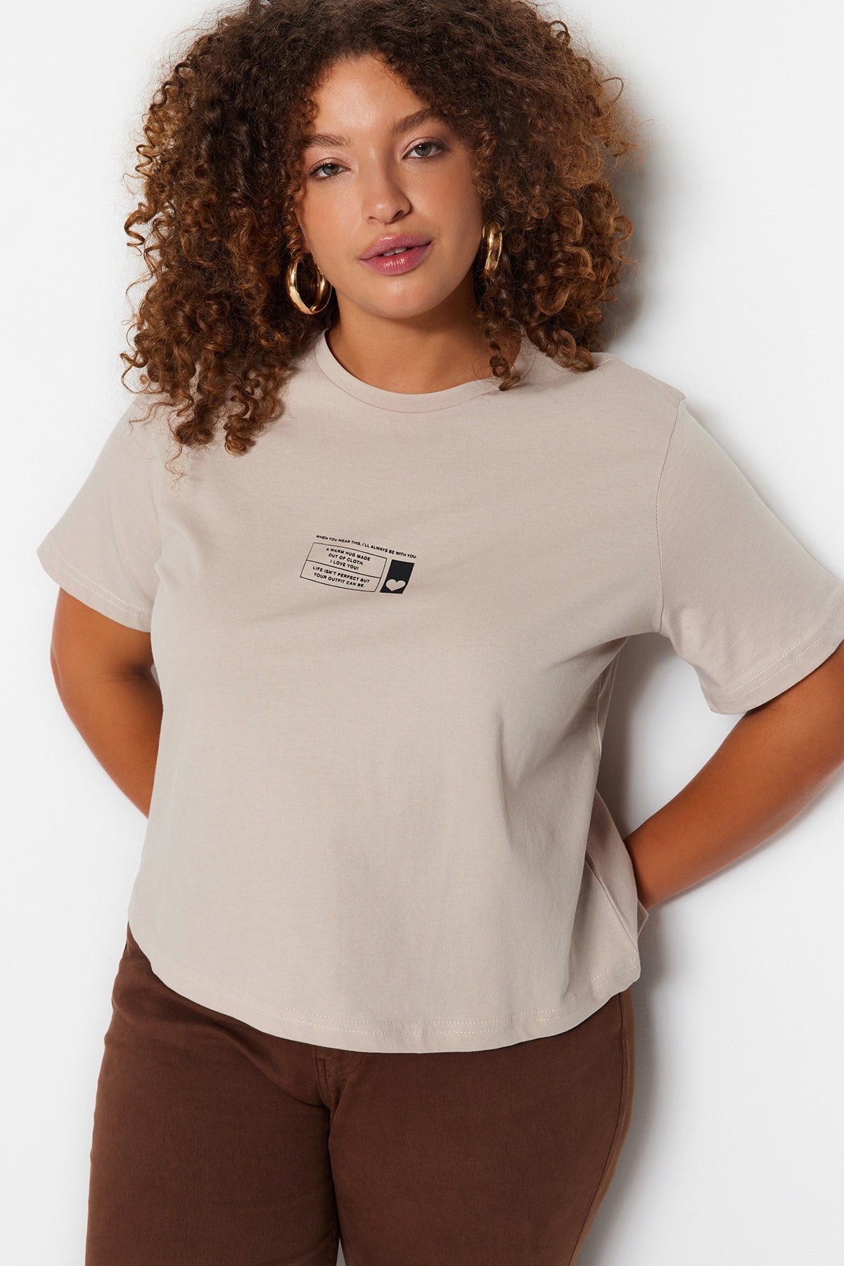 Beige Crop Knitted Crew Neck Printed T-shirt Tbbss23bf00027