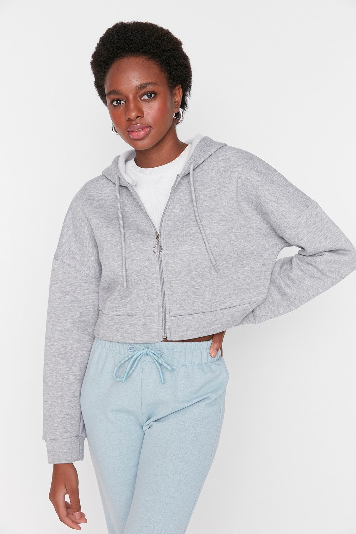 Grey Zipper Hooded Casual Fit Crop Thick Inside Polare Knitted Sweatshirt Twoaw23sw00028