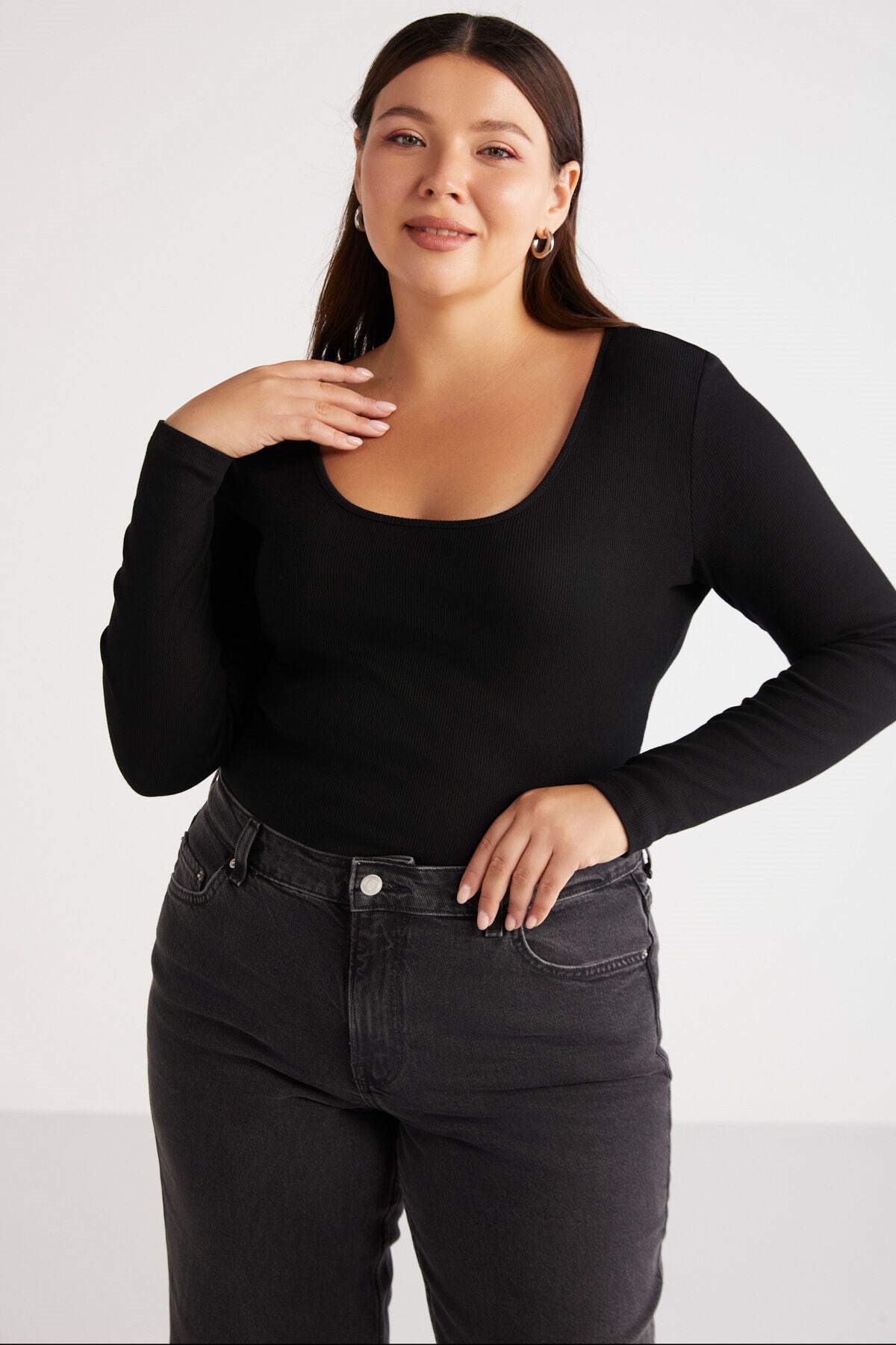 Regular Waisted Black Single Plus Size Blouse Hanabb01112023