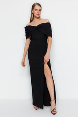 Black Lined Woven Long Night Evening Dress Tprss23ae00067