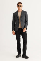 Men's Black Slim Fit Slim Fit Swallow Collar Cotton Flamed Jacket 4a0424100005