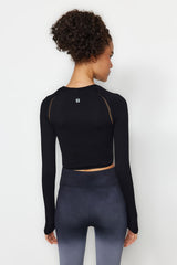 Black Seamless/seamless Crop Thumb Hole And Window/cut Out Detailed Sports Blouse Thmaw24bz00019