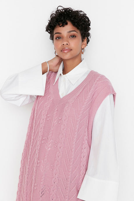 Pink V Neck Knitwear Sweater Tctaw23sv00005