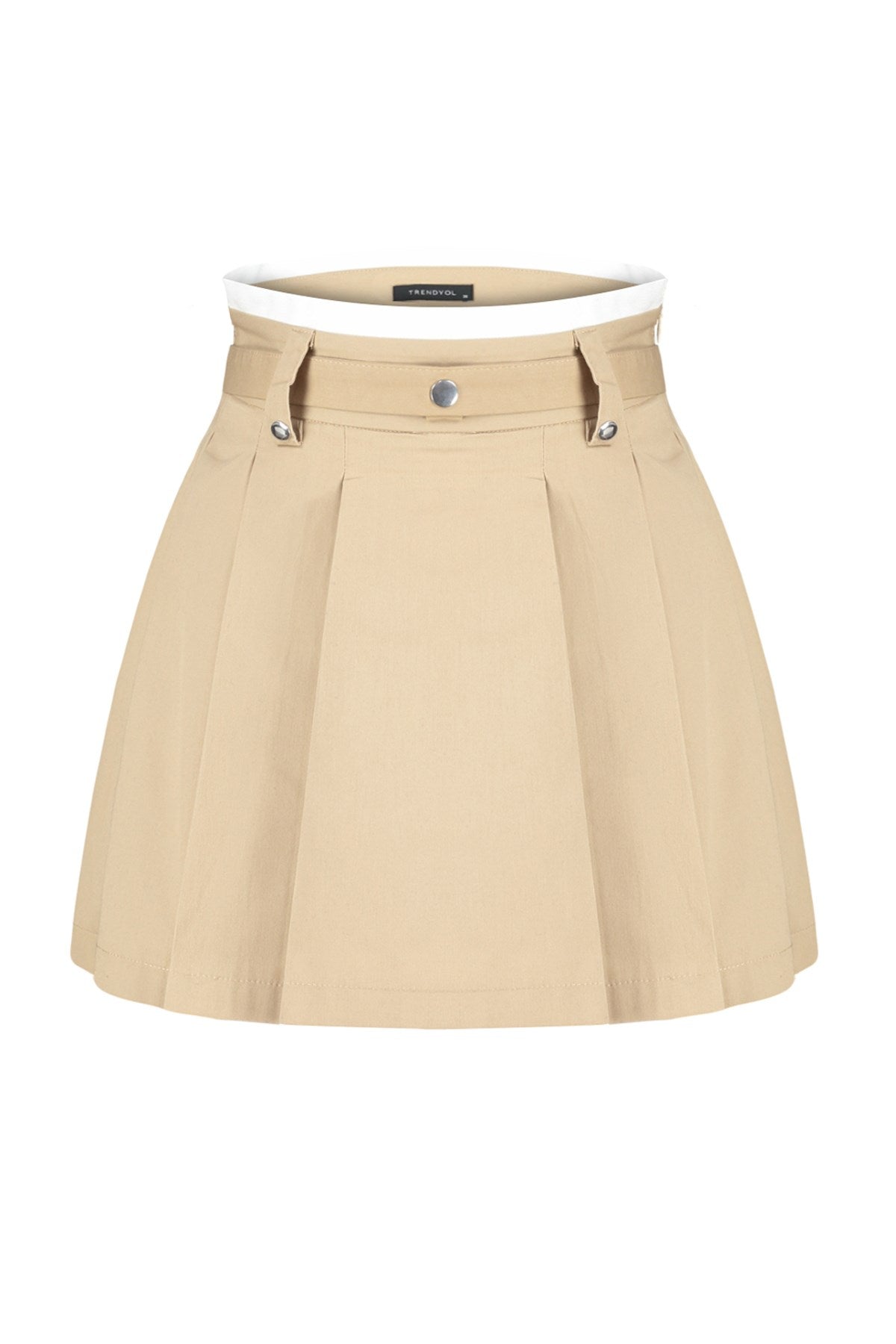 Beige Double Belt Detailed Pleated Mini Woven Skirt Twoaw24et00079