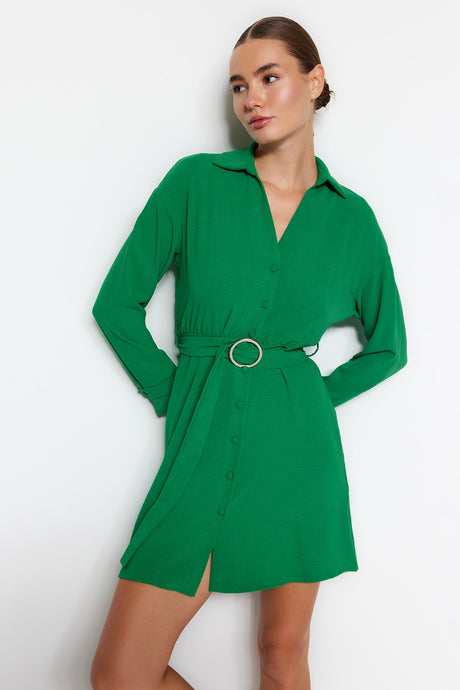 Emerald Green Belted Buttoned Woven Shirt Dress Twoaw24el00363