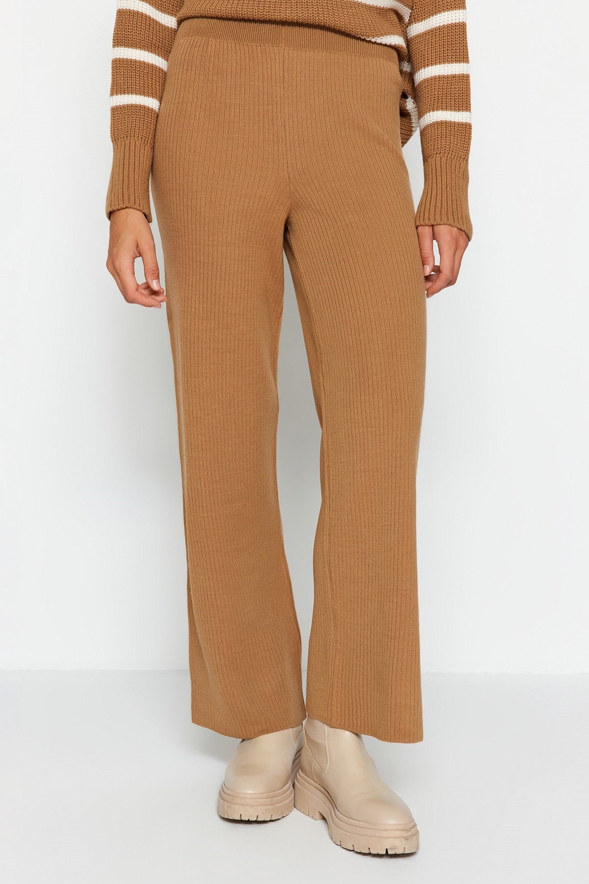 Camel Zipper Detailed Thessalonica Striped Knitwear Bottom-top Suit Tctaw24us00058