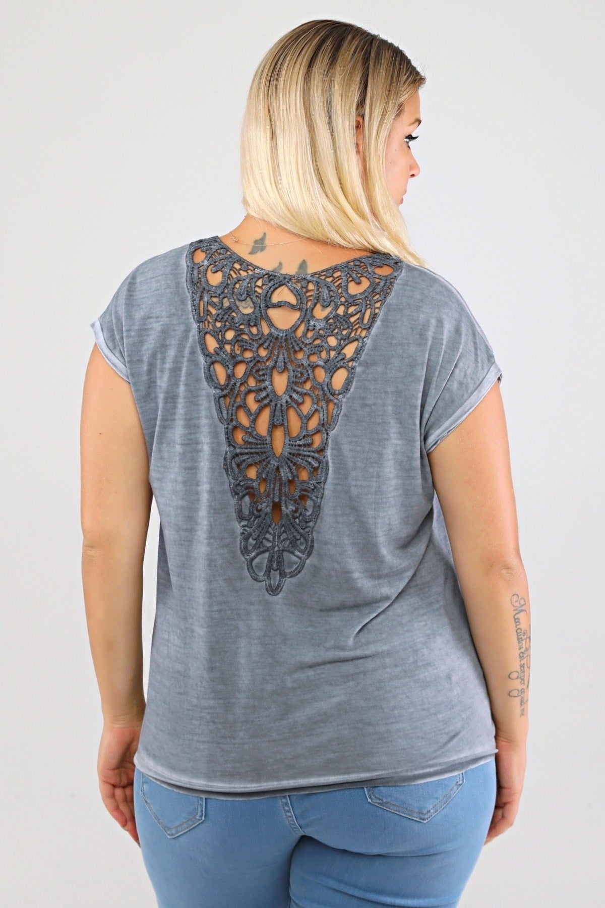 Spade Print Back Lace Oil Wash T-shirt-misty Fog Pra-1668864-905768