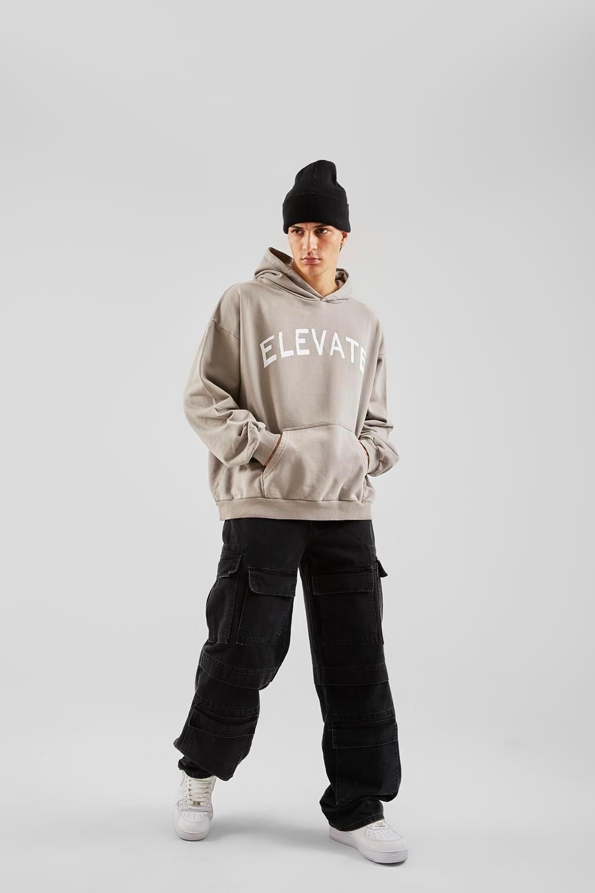 Elevate Printed Ice Grey Oversize Hoodie Flaw-093-038-006