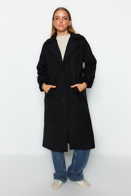 Black Oversize Wide Cut Balloon Sleeve Detailed Long Cache Coat Twoaw24kb00076