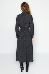 Black Polka Dot Waist Gipe Detailed Woven Dress Tctaw24eb00098