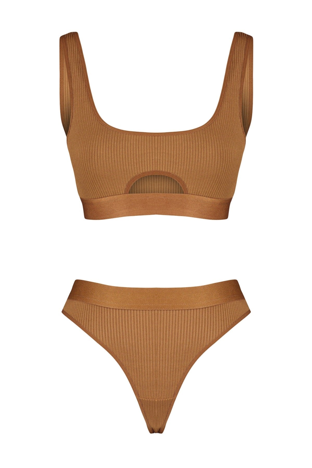 Brown Ribbed Elastic Window/cut Out Detailed Underwear Set Thmss23cc00110