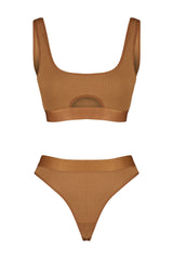 Brown Ribbed Elastic Window/cut Out Detailed Underwear Set Thmss23cc00110