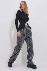 Women's Black Waist Elastic Batik Pattern Metallic Palazzo Pants Alc-x11409