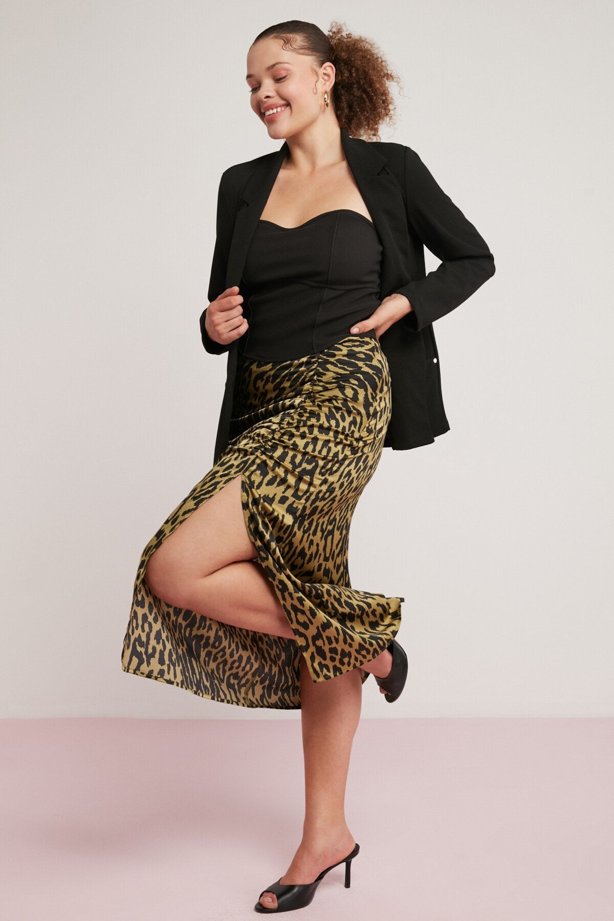 Jena Women Plus Size Bubble Satin Look Drape Detailed Slit Midi Leopard Print Dress Jena01072023