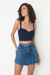 Blue Pleated Regular Waist Denim Shorts Skirt Twoss22sr00163