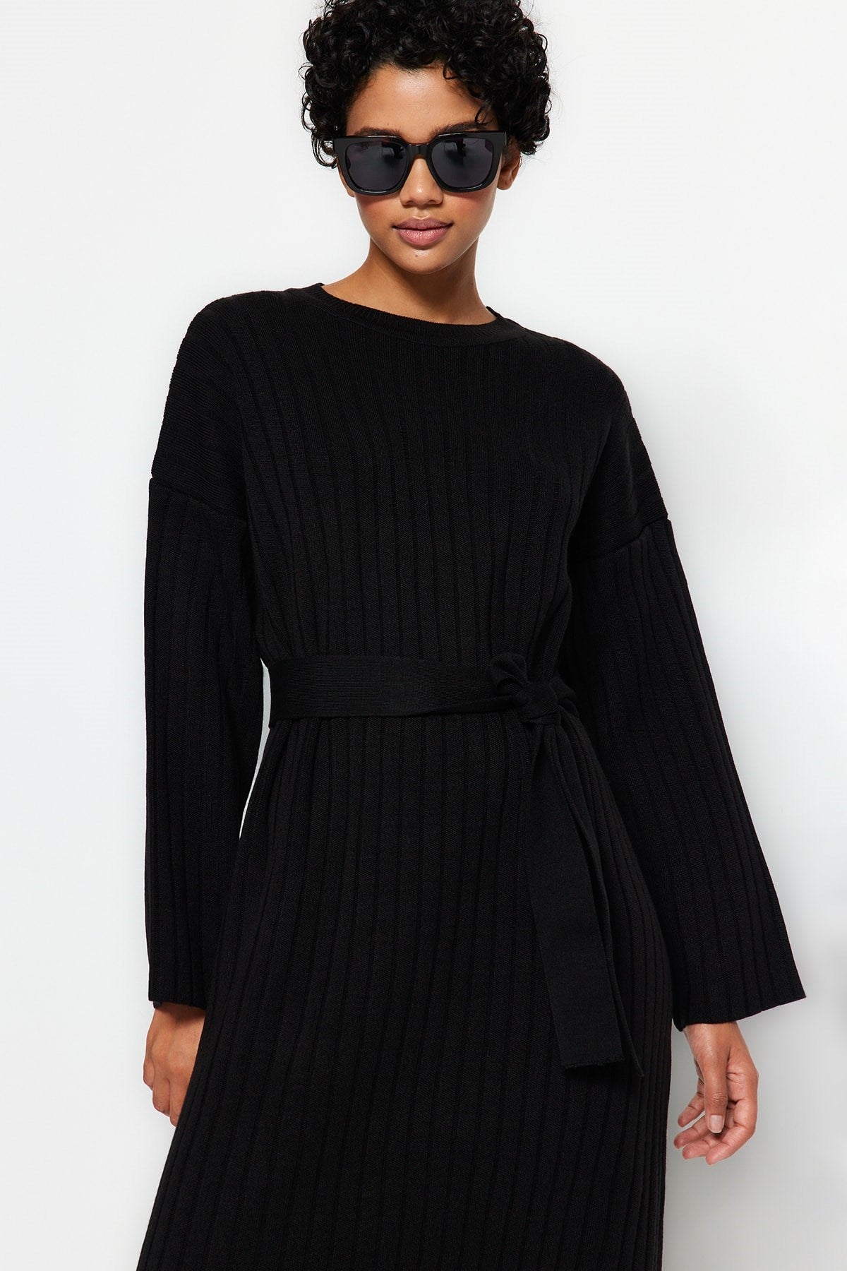 Black Belted Ribana Knitwear Dress Tctaw24eb00008