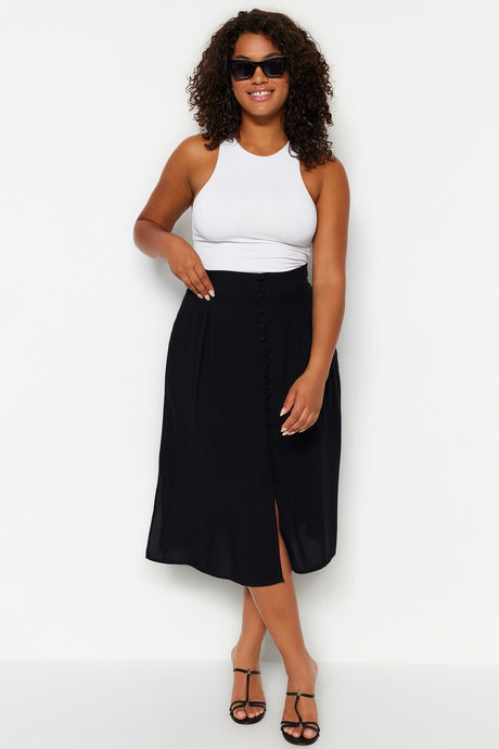 Black Slit Detailed Viscose Woven Skirt Tbbss23az00044