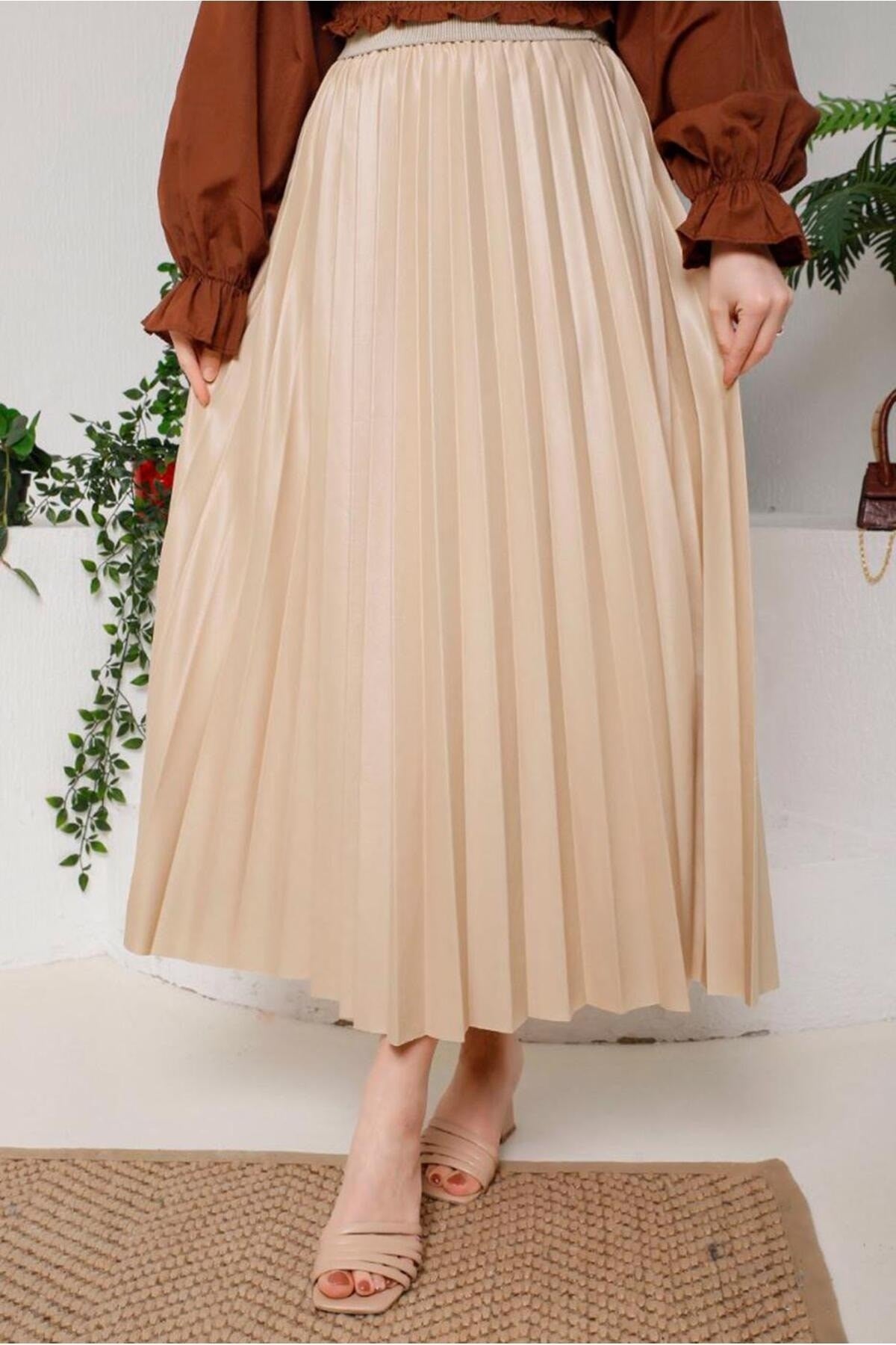 Women's Beige Pleated Skirt 8051 22yetktr8051