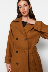 Camel Belted Lined Long Cashmere Coat Tctaw24ab00003