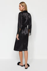 Black Satin Tassel Detailed Woven Dressing Gown Thmaw24sb00008