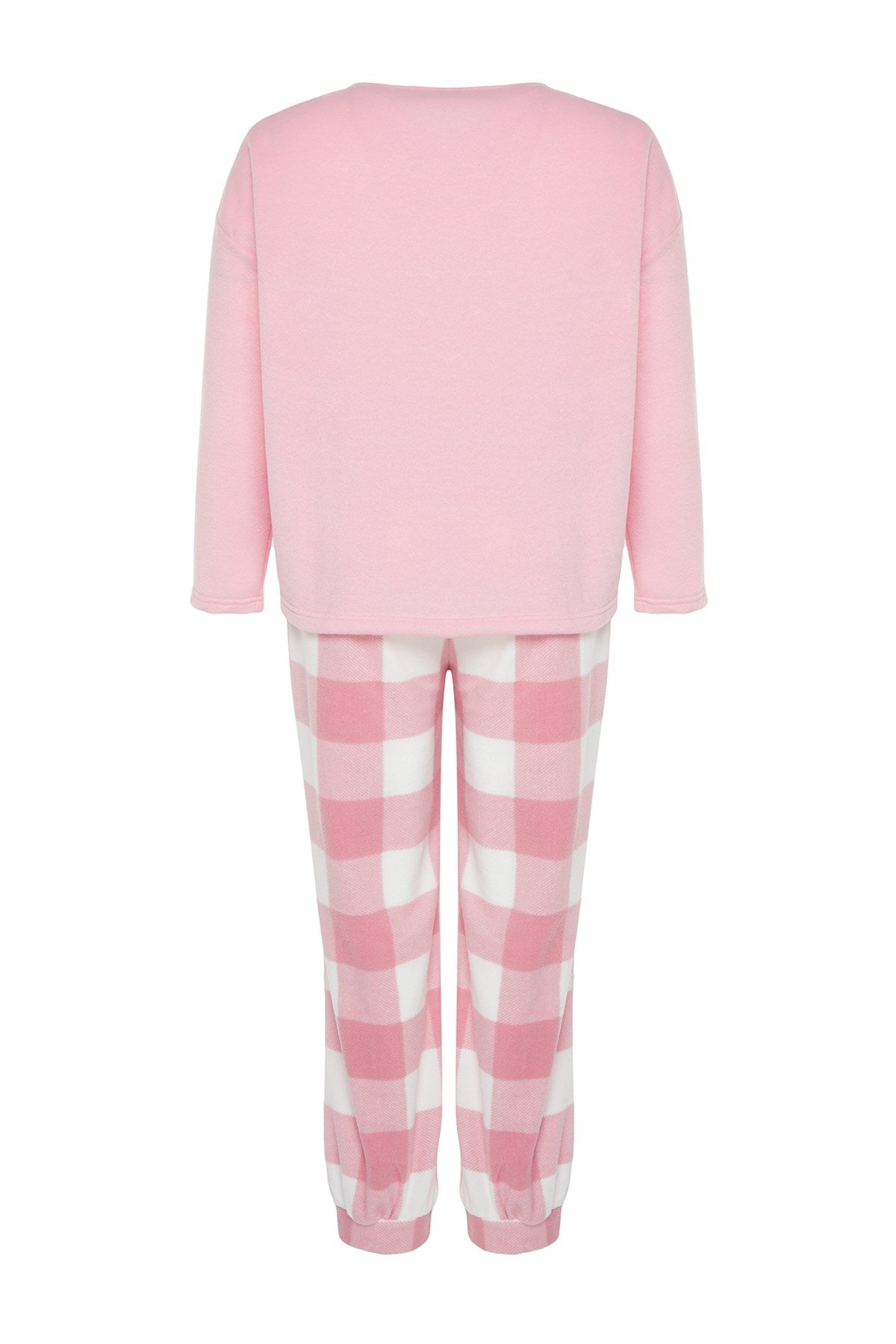 Pink Embroidery Detailed Plaid/checkered Fleece Knitted Sleepwear Set Tbbaw24ai00015