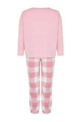 Pink Embroidery Detailed Plaid/checkered Fleece Knitted Sleepwear Set Tbbaw24ai00015