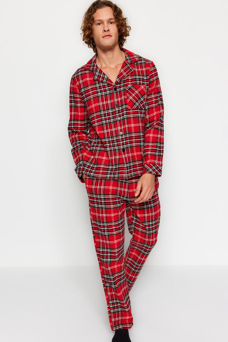 Red Men's Regular Fit Plaid Woven Sleepwear Set Tmnaw24pt00019