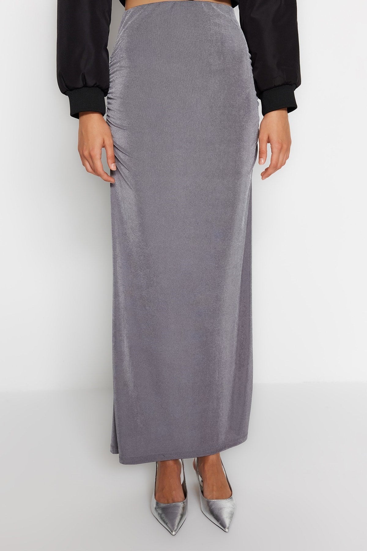 Navy Blue Premium Shiny Finish And Soft Textured Draped Maxi Knit Skirt Twoaw24et00090