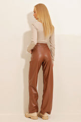 Women's Black Front Grass Double Pockets Faux Leather Palazzo Pants Alc-x10787