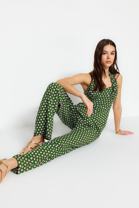 Green Maxi Woven Geometric Pattern Jumpsuit Twoss23tu00071