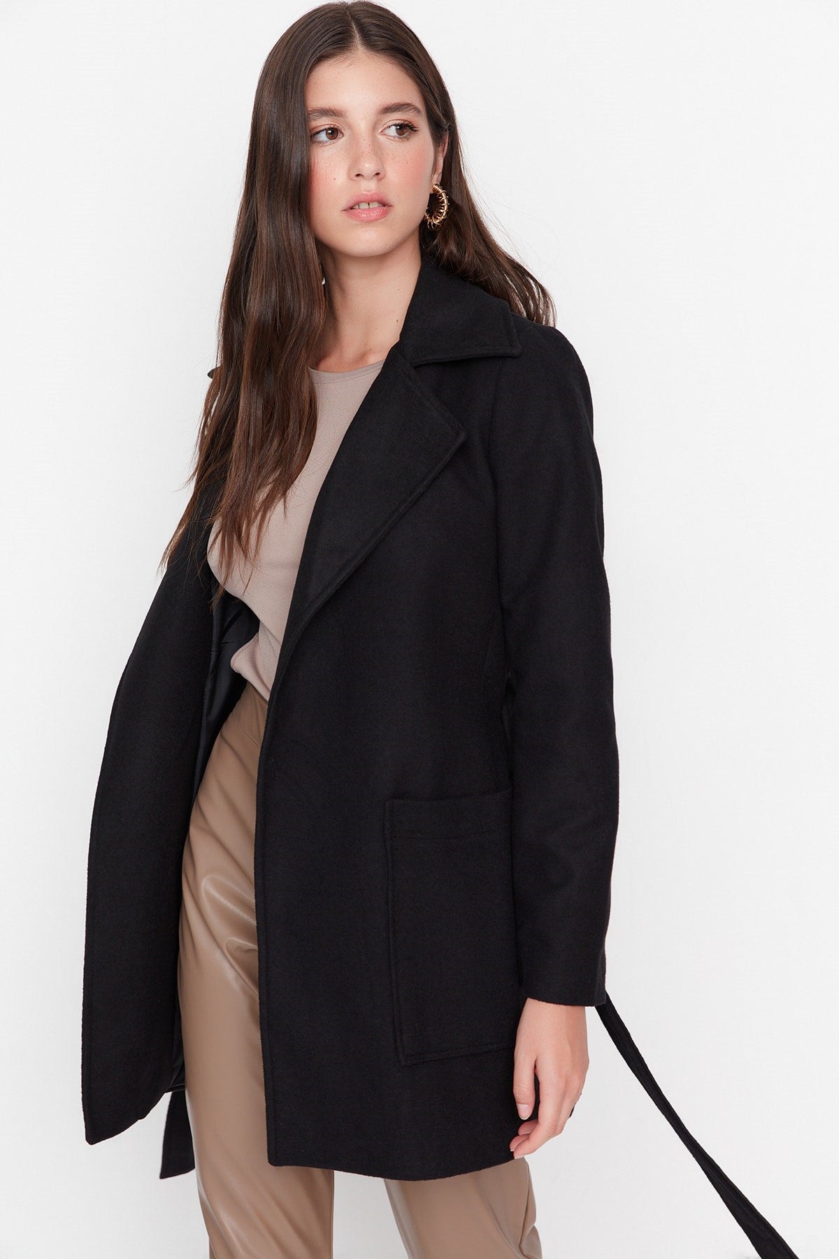 Black Fitted Belted Woolen Cashmere Coat Twoaw20kb0032