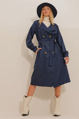 Women's Navy Blue Double-breasted Collar Waist Belted Sleeves Cuffed Seasonal Trench Coat Alc-x10980