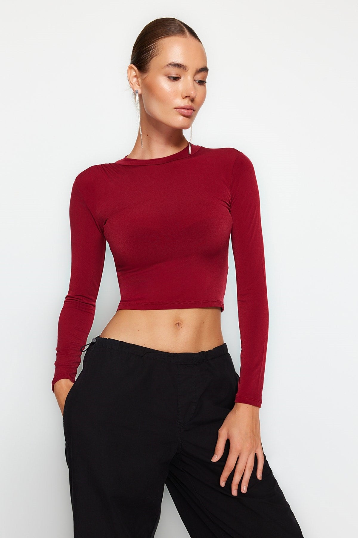 Black Sleeve Ruffle Detailed Fitted/fitted Crew Neck Crop Stretch Knitted Blouse Twoaw23el01391