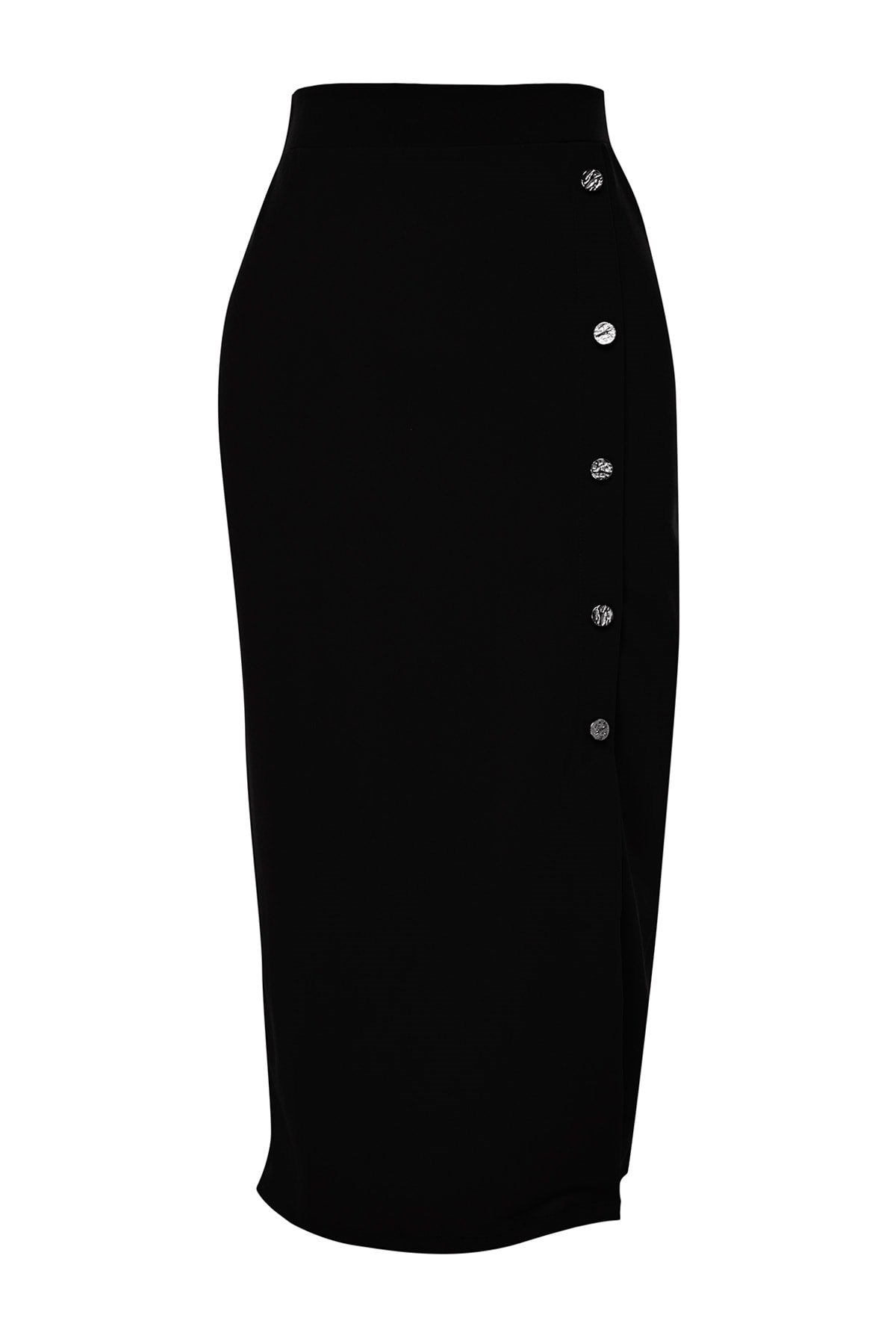 Black Smart Crepe Button Detailed High Waist Midi Pencil Flexible Knitted Skirt Twoss23et00320