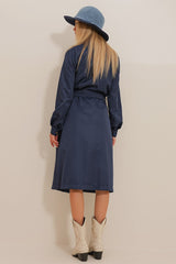 Women's Navy Blue Double-breasted Collar Waist Belted Sleeves Cuffed Seasonal Trench Coat Alc-x10980