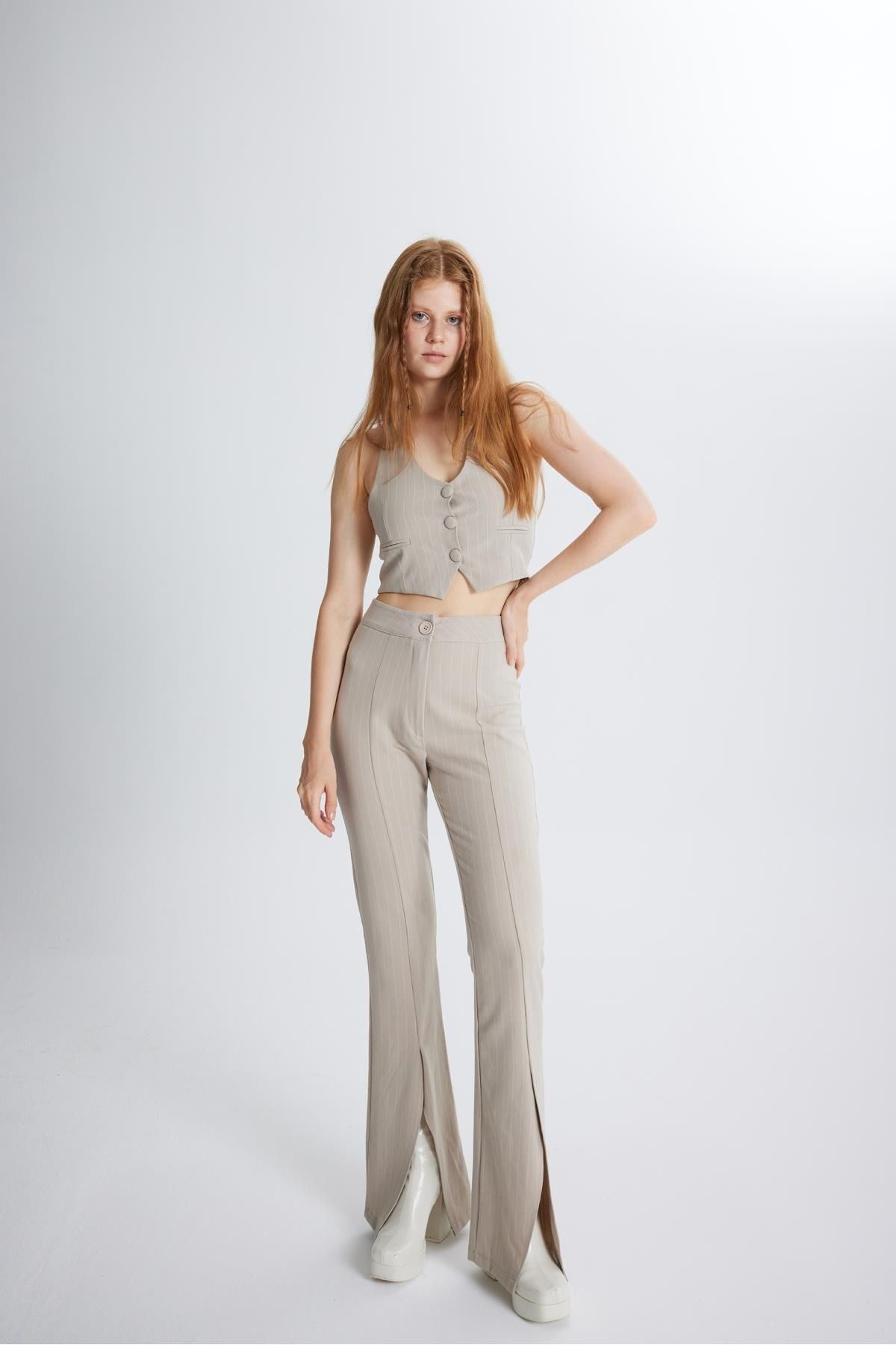 Front Slit Striped High Waist Algo Pants Beige Hlfw24-00012