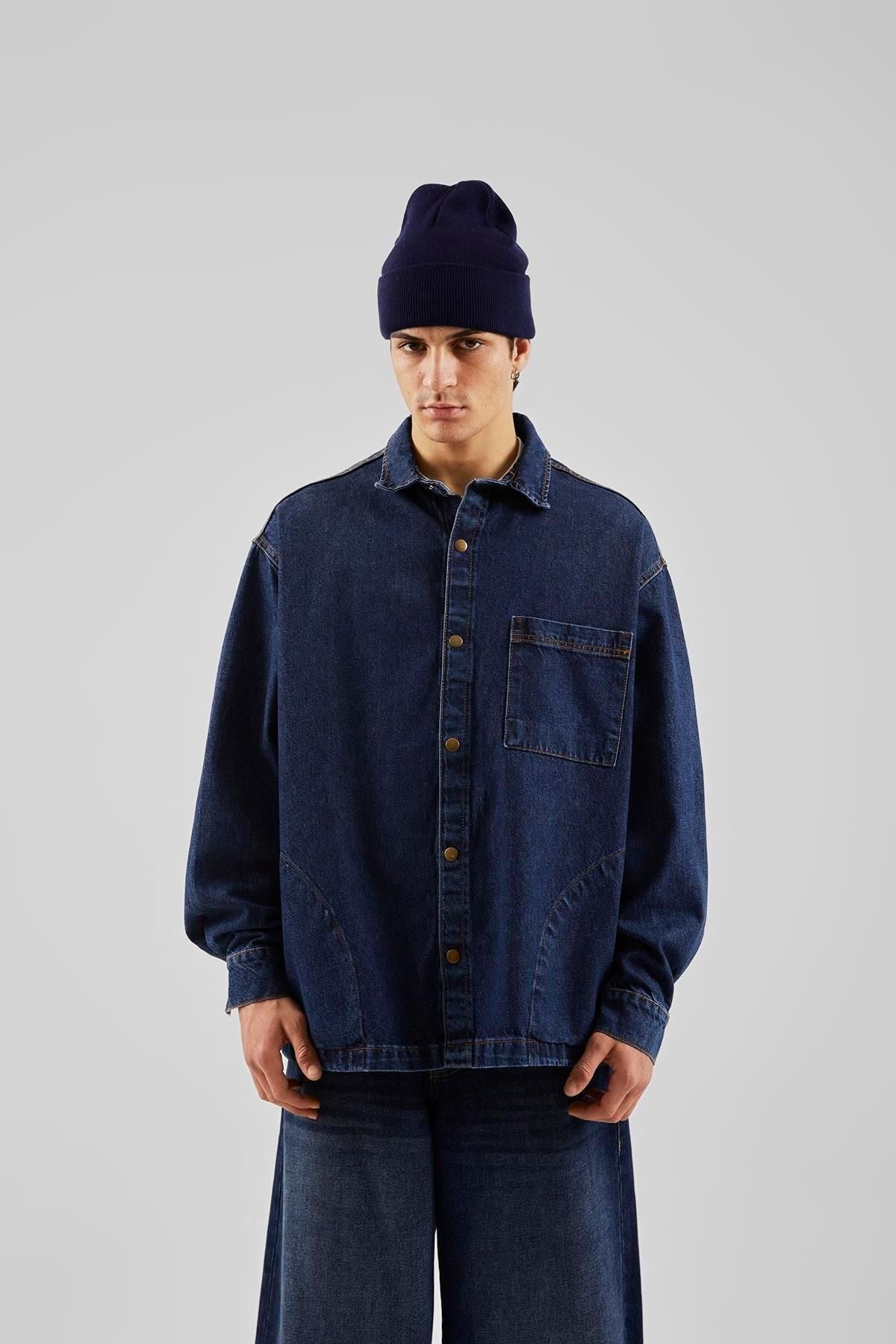 Dark Blue Denim Jacket With Stitching Detail With Front Pocket Flaw-134-022-001