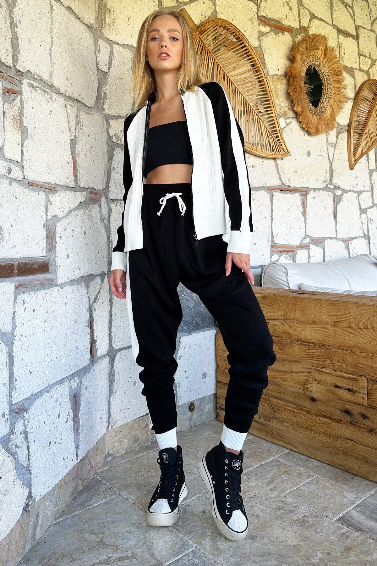 Women's Ecru - Black Color Block Knitwear Bomber Jacket And Joggin Pants Bottom Top Suit Alc-x10996 