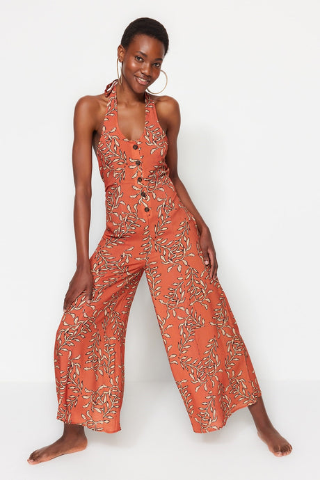 Floral Print Woven Back Decollete Jumpsuit Tbess23tu00003