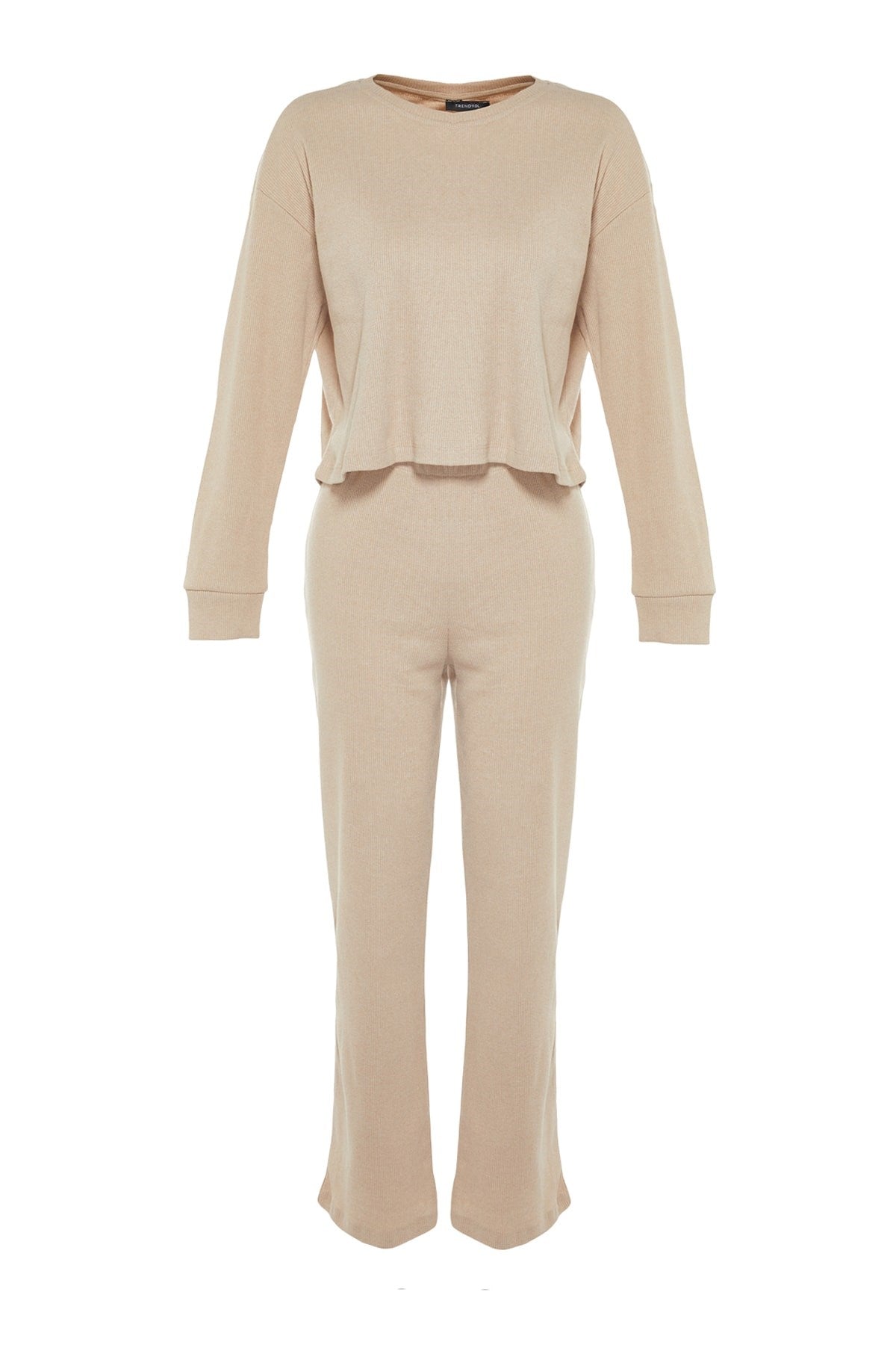 Beige Ribbed Knitted Pajama Set Thmaw21pt0009