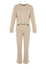 Beige Ribbed Knitted Pajama Set Thmaw21pt0009