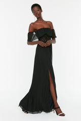 Black Lace Detailed Long Night Evening Dress Tprss22ae0056