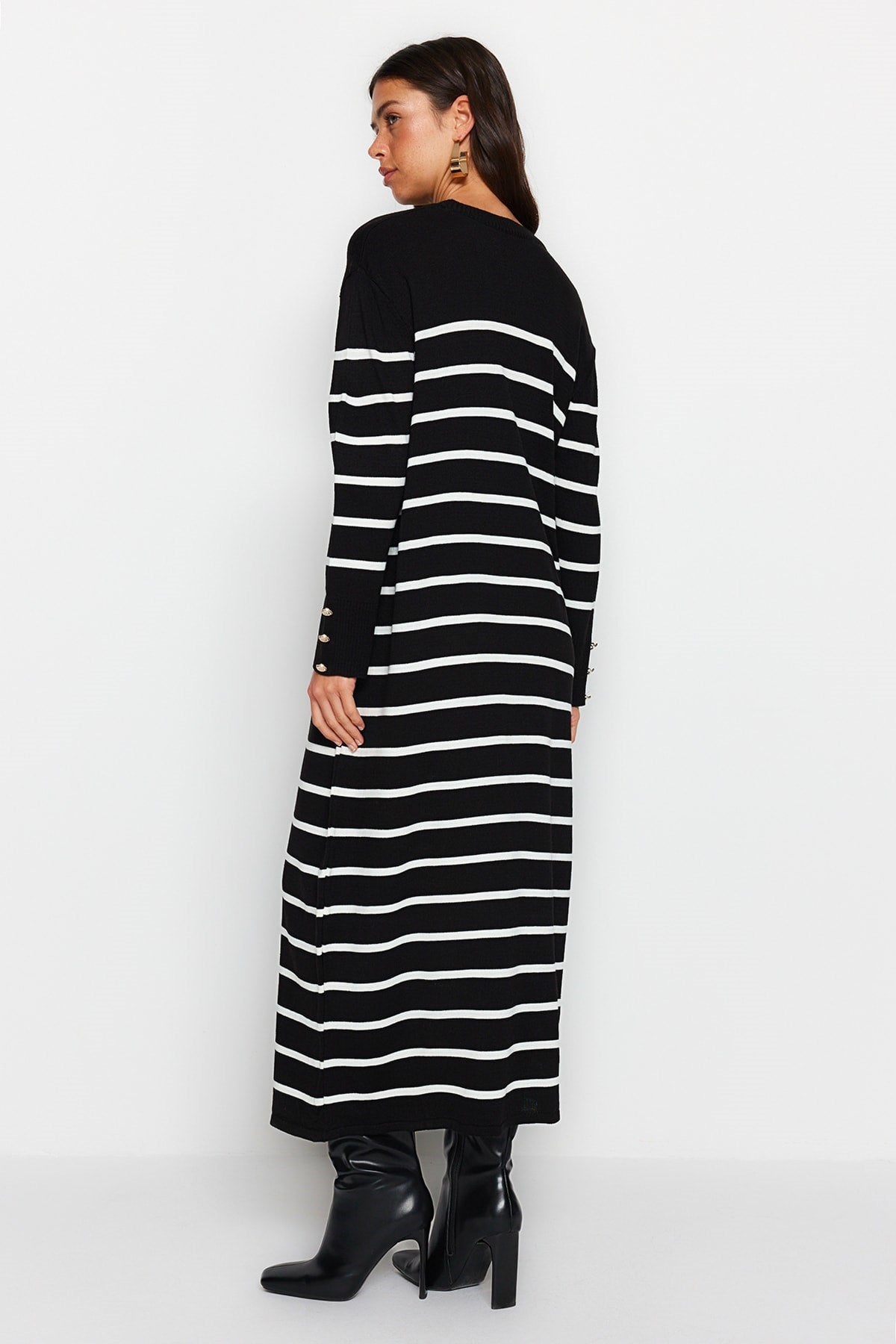 Black Sleeves Button Detailed Striped Knitwear Dress Tctaw24eb00002