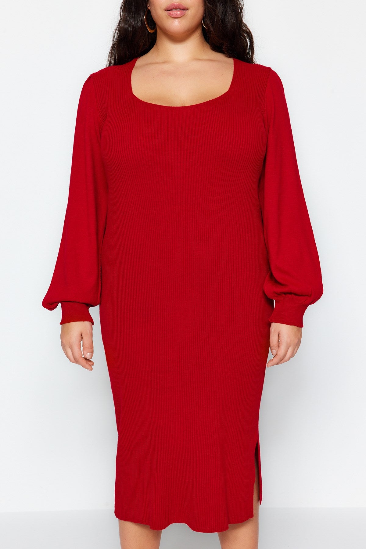 Red Plain Bodycone Midi Knitwear Plus Size Dress Tbbaw23ah00032