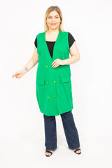 Women's Green Plus Size Front Buttoned Ornament Pocket Long Vest 65n35779 65n35779