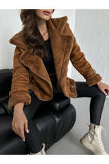 Tan Belt Detailed Fur Coat Tycst5qnqn169736070373096